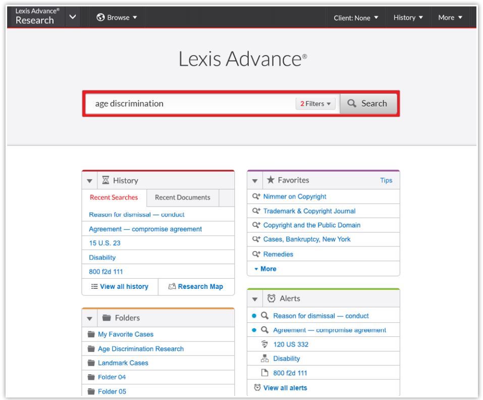 The new Lexis Advance has a simplified search bar and quick-access pods.