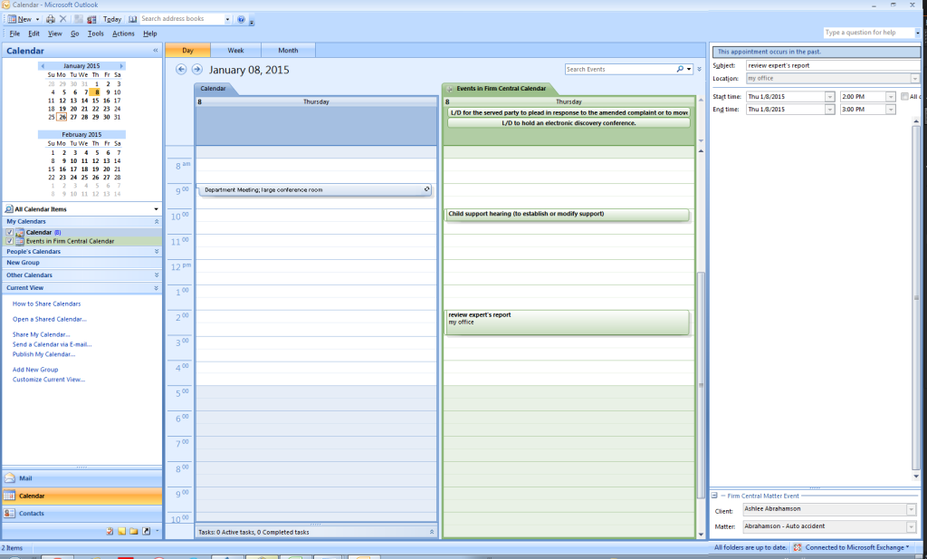 The Firm Central calendar now appears in Outlook alongside the default calendar.