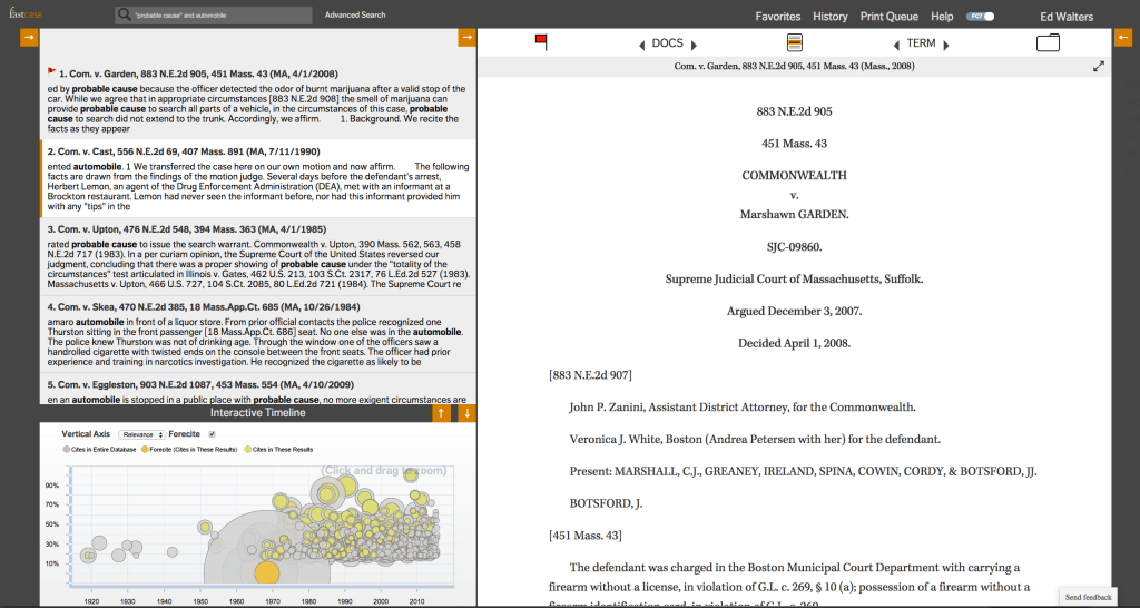 The default document view shows the search results and Interactive Timeline to the left. The document can be expanded to full screen. 