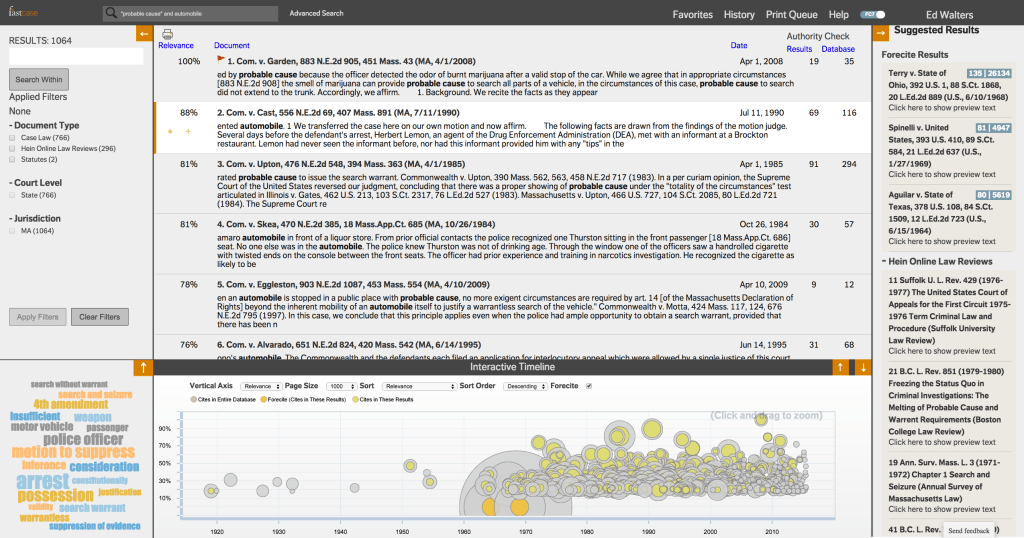 The results page now includes the Interactive Timeline, a word cloud, facets, and other suggested results.