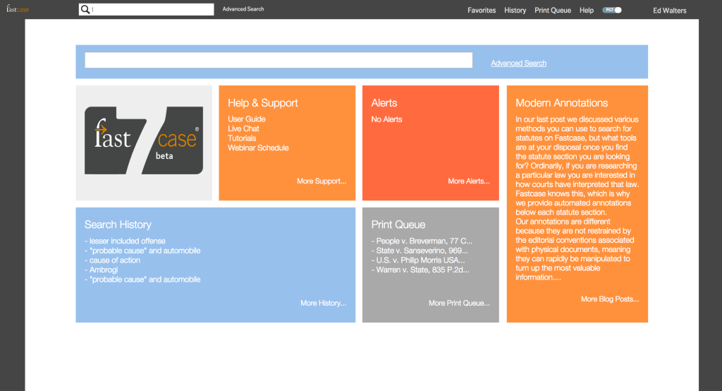 The new Fastcase 7 start page. 