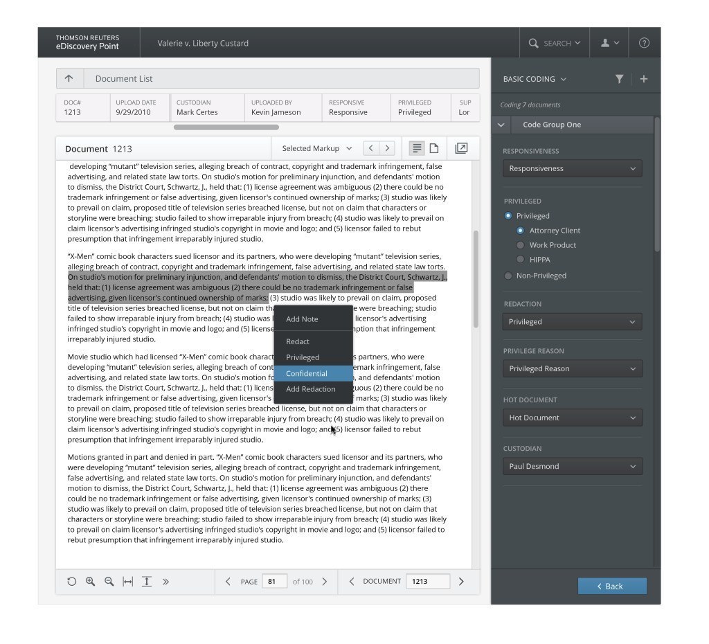 Redacting text during review in eDiscovery Point.