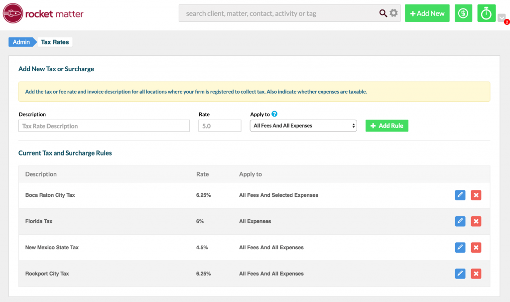 custom taxes configuration screen