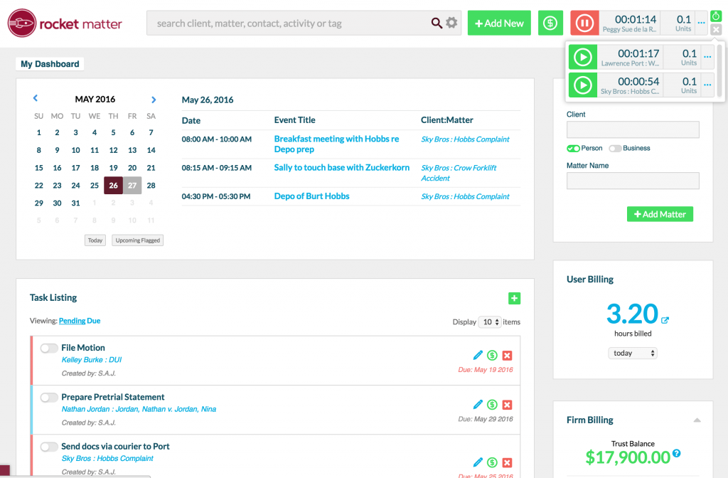 Dashboard with calendar-centric view and multiple timers.