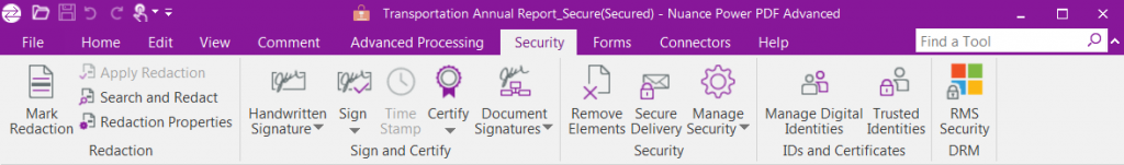 The security toolbar for securing and redacting documents. 