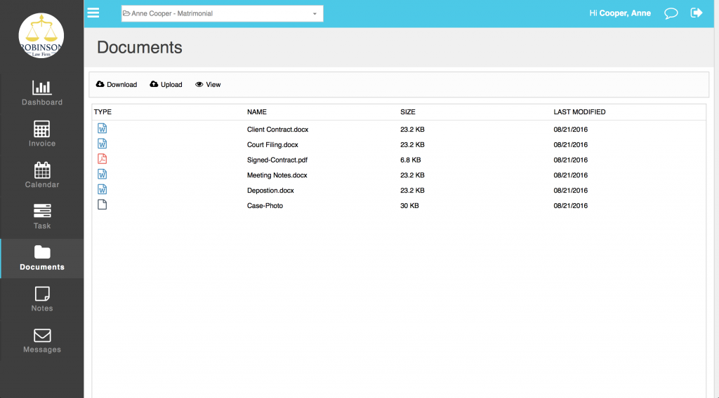 The client's view of documents shared through the portal. 