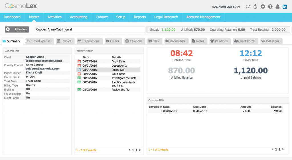 Each matter now has a dashboard summarizing key information. 