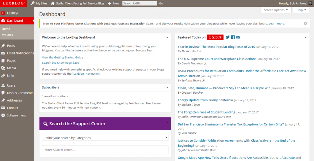 The dashboard of a demo site in LexBlog's new blogging platform.