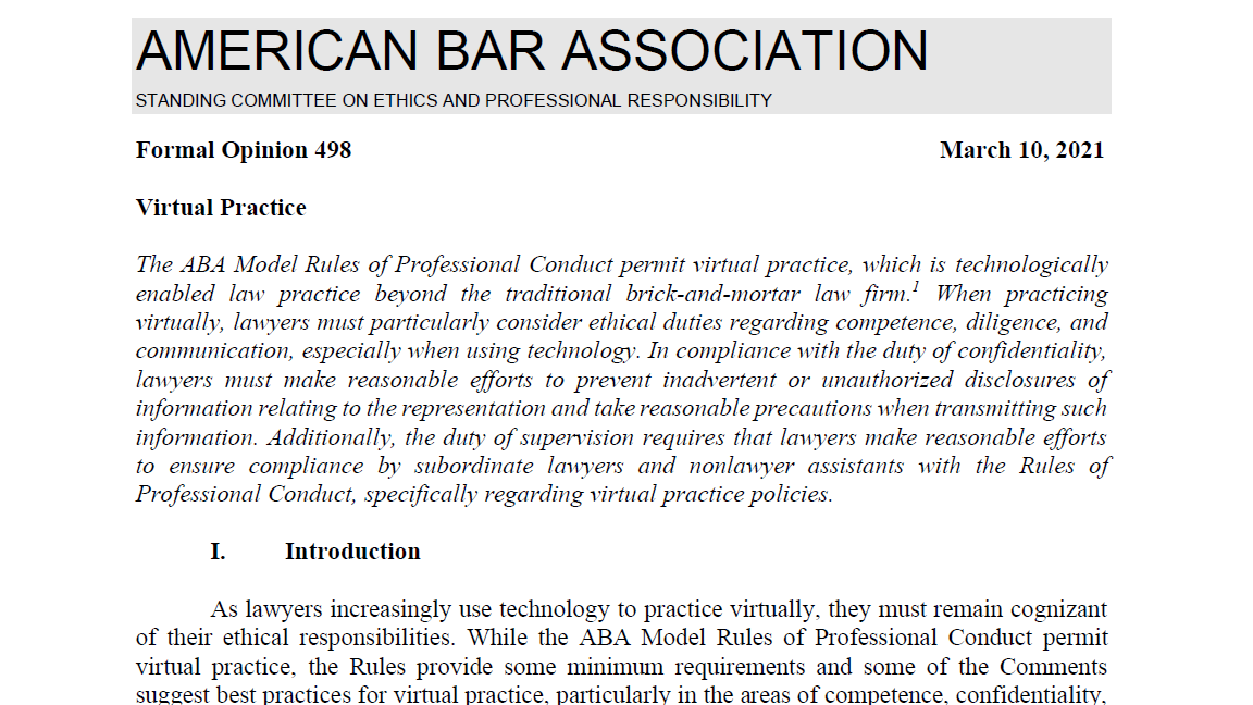 ABA Issues Cautionary Ethics Guidance On Virtual Law Practices