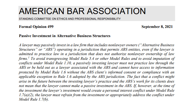 ABA Issues Ethics Guidance On Lawyers Investing In Alternative Business Structures