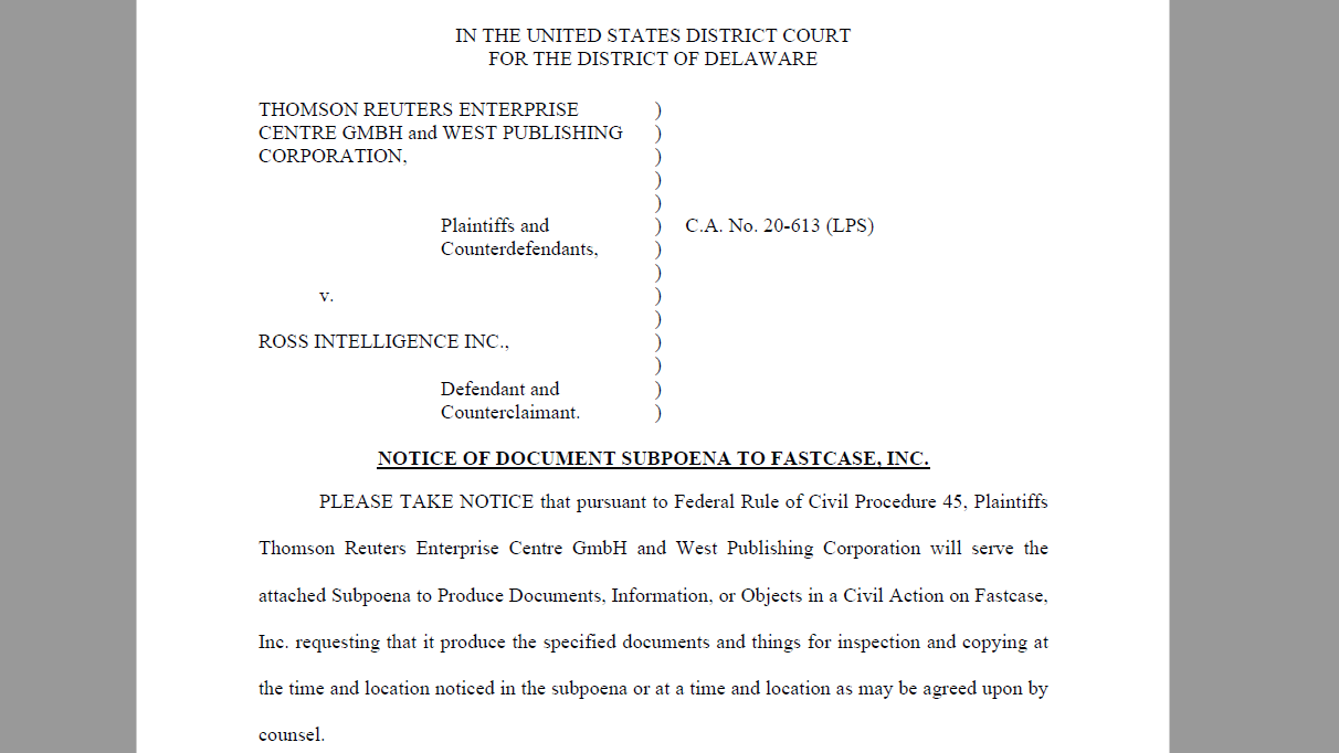 Plot Thickens In Thomson Reuters&#8217; Lawsuit Against ROSS, As It Subpoenas Docs from Fastcase, Morae