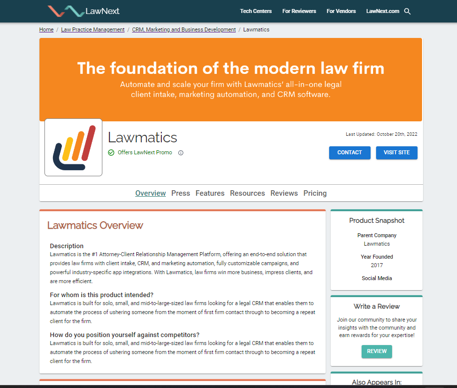 LawMatics product listing page
