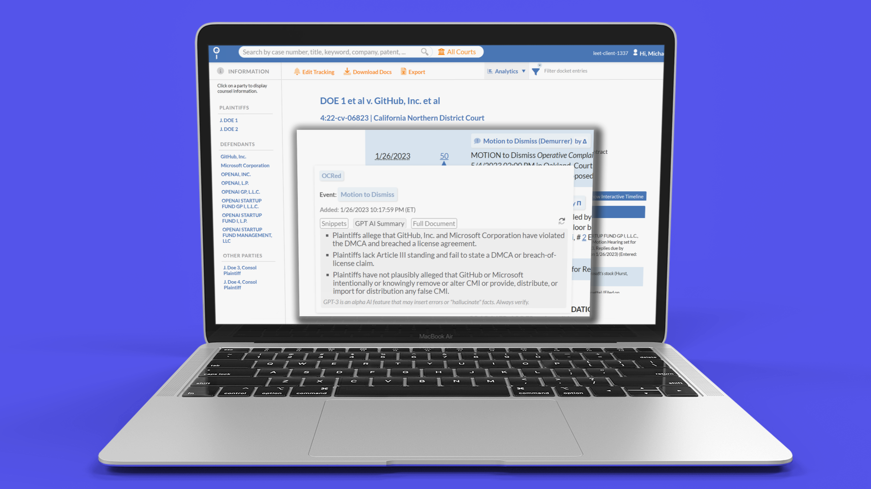 Docket Alarm Now Uses GPT-3 To Show You Summaries Of PDF Litigation Filings As You Review Docket Sheets