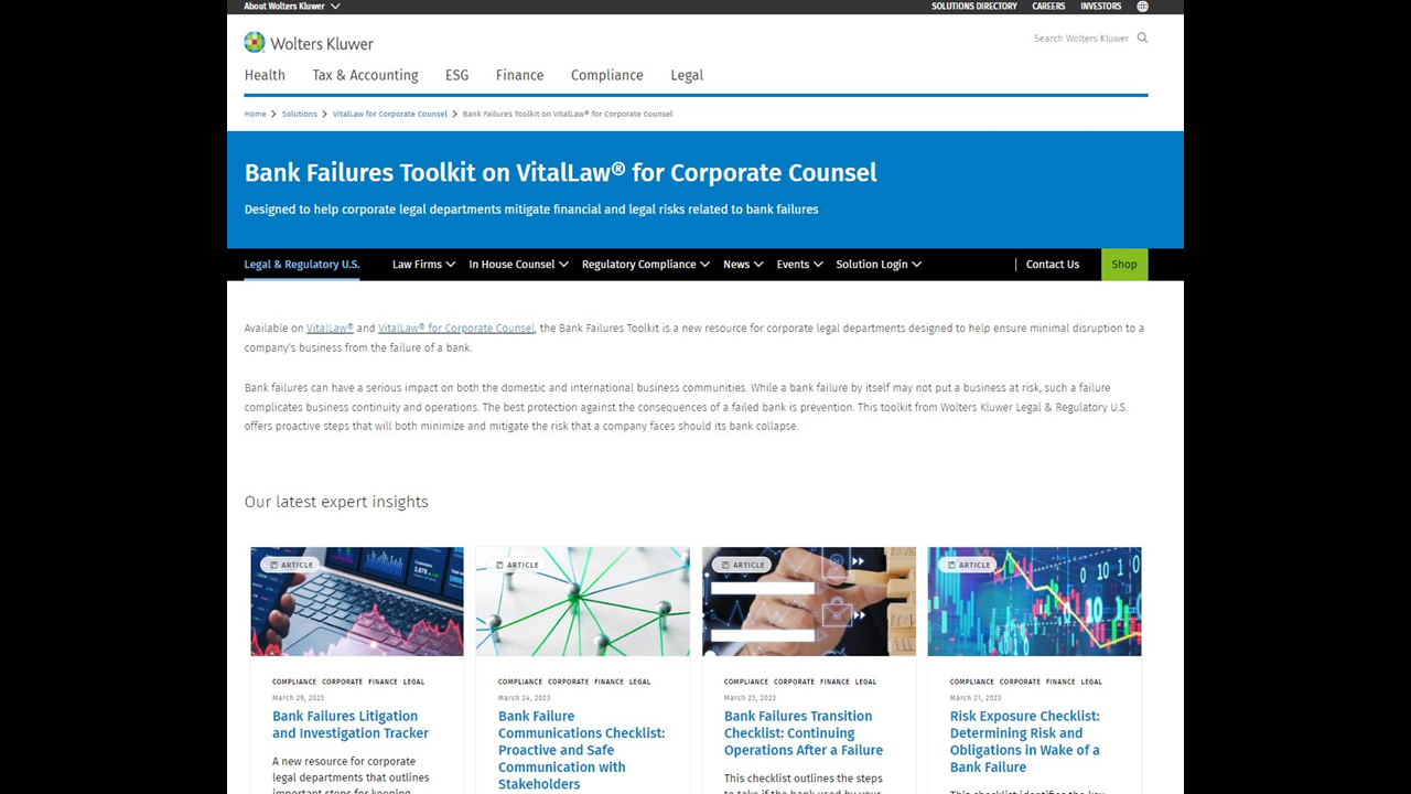 Wolters Kluwer Offers Free Bank Failures Toolkit for Corporate Counsel