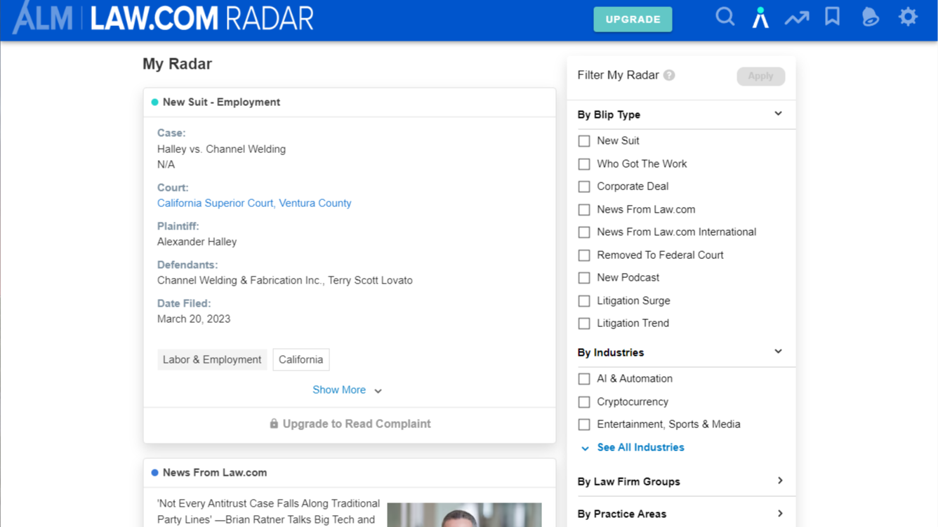 Law.com Radar Expands with Coverage of State Court Lawsuits and More Granular New-Suit Alerts