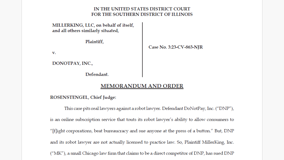 In Case of &#8216;Real Lawyers Against A Robot Lawyer,&#8217; Federal Court Dismisses Law Firm&#8217;s Suit Against DoNotPay for Unauthorized Law Practice