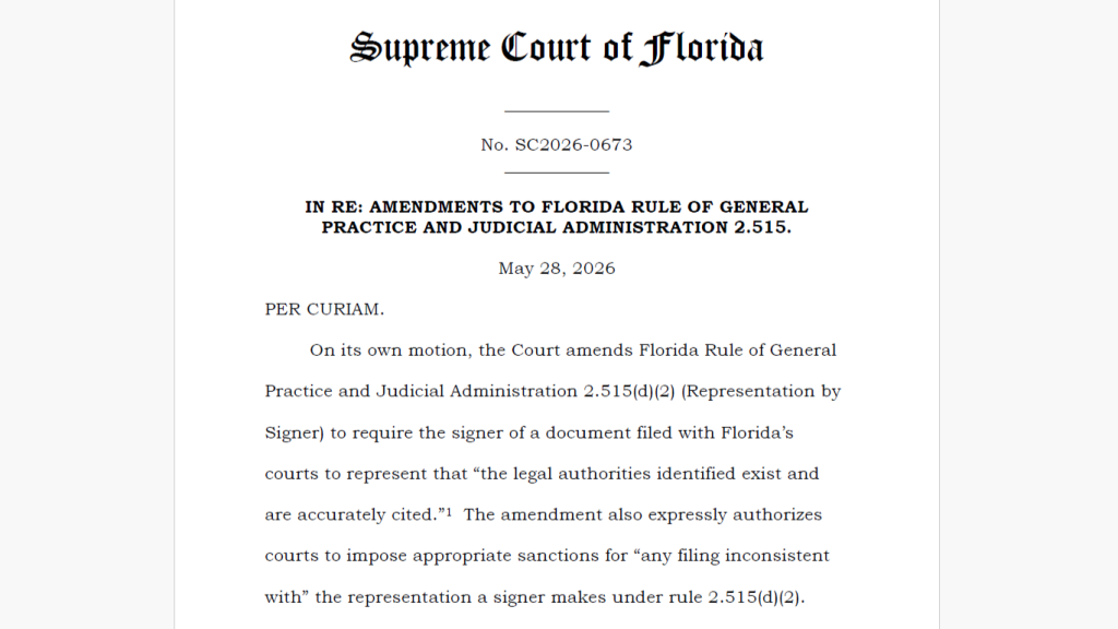 Florida Supreme Court issues rule to curb AI hallucinated citations